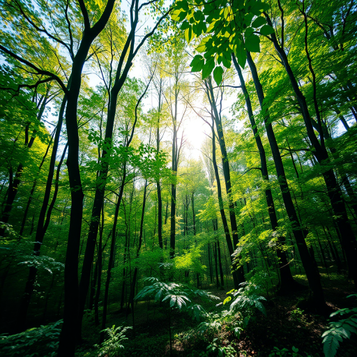 Generate a high-resolution image of a tranquil forest scene with vibrant green foliage, dappled sunlight filtering through the trees, photographed with a Canon EOS R5 using a 50mm f/1.2 lens, at aperture f/2.8, ISO 100, and a shutter speed of 1/125s, capturing a wide-angle view with a shallow depth of field for a dreamy effect.