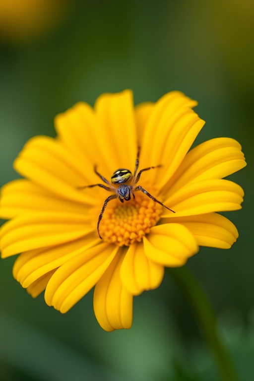 macro shot of a yellow marigold flower with a striped spider perched on it, shallow depth of field, f/2.8, 1/200s, ISO 100, natural light, DSLR camera, 100mm lens, soft focus background