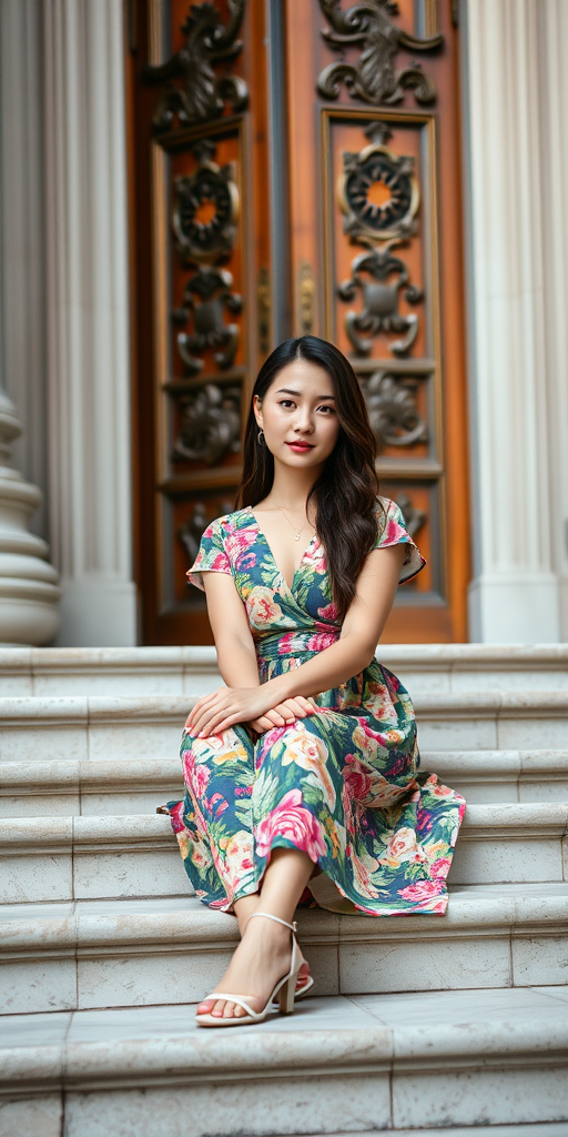A young woman in a colorful floral dress sitting on elegant stone steps near ornate wooden doors, soft natural lighting, shallow depth of field, taken with a Canon EOS R5, 85mm lens, aperture f/1.8, ISO 100, daylight mode.