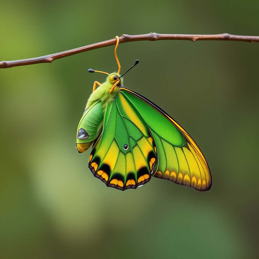 Generate an image of a butterfly emerging from its chrysalis, showcasing vibrant green and yellow colors. The butterfly should be hanging from a thin branch against a blurred natural background, emphasizing the transformation and delicate features of the wings.