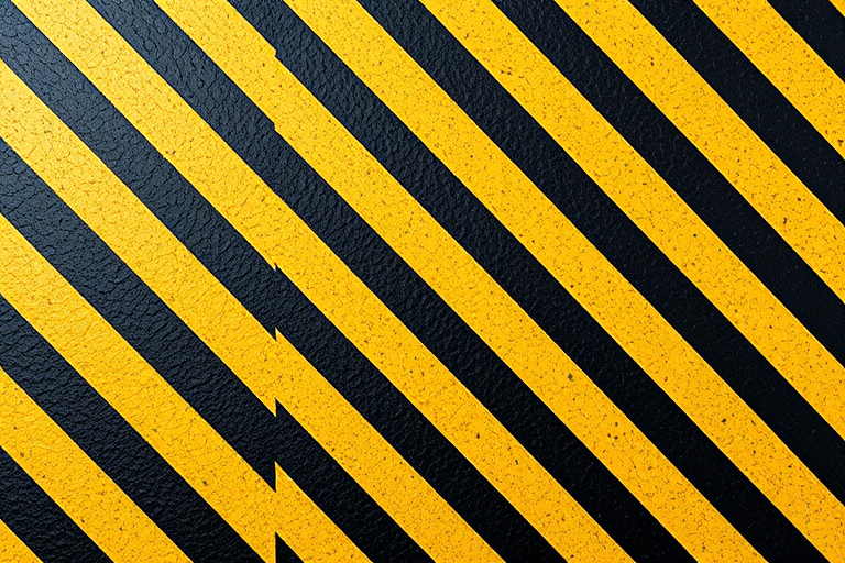 Generate a high-resolution image of a textured surface with diagonal black and yellow stripes, using a DSLR camera, 50mm lens, aperture f/8, ISO 100, and a top-down view to enhance image clarity and detail.