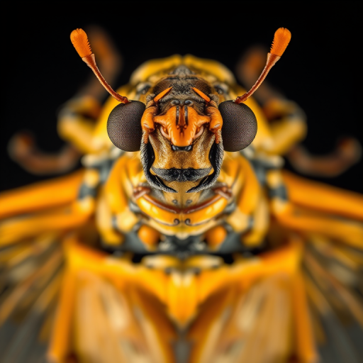 Create a highly detailed illustration of a cicada viewed from directly above, using a DSLR camera with a macro lens, aperture set to f/2.8 for a shallow depth of field, ISO 100 for crisp image quality, and a shutter speed of 1/200s to capture fine details.