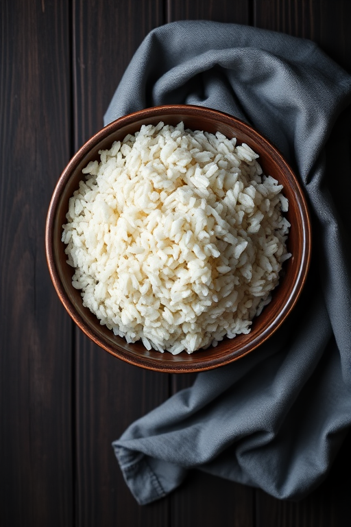 A top-down view of a bowl of white rice on a dark wooden table, with a rustic gray cloth draped around it, soft natural lighting, f/2.8 aperture, ISO 200, shutter speed 1/60 sec, using a DSLR camera with a 50mm lens.