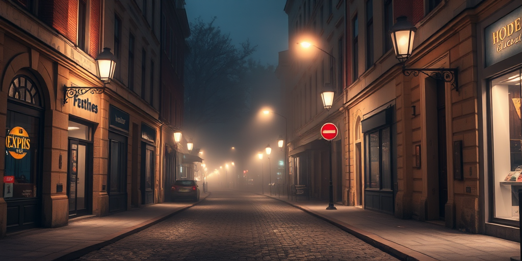Generate a high-resolution image of a foggy cobblestone alley illuminated by vintage street lamps in an old-world city, using a DSLR camera, 50mm lens, f/1.8 aperture, ISO 200, low angle view, and a soft focus style for a dreamy atmosphere.