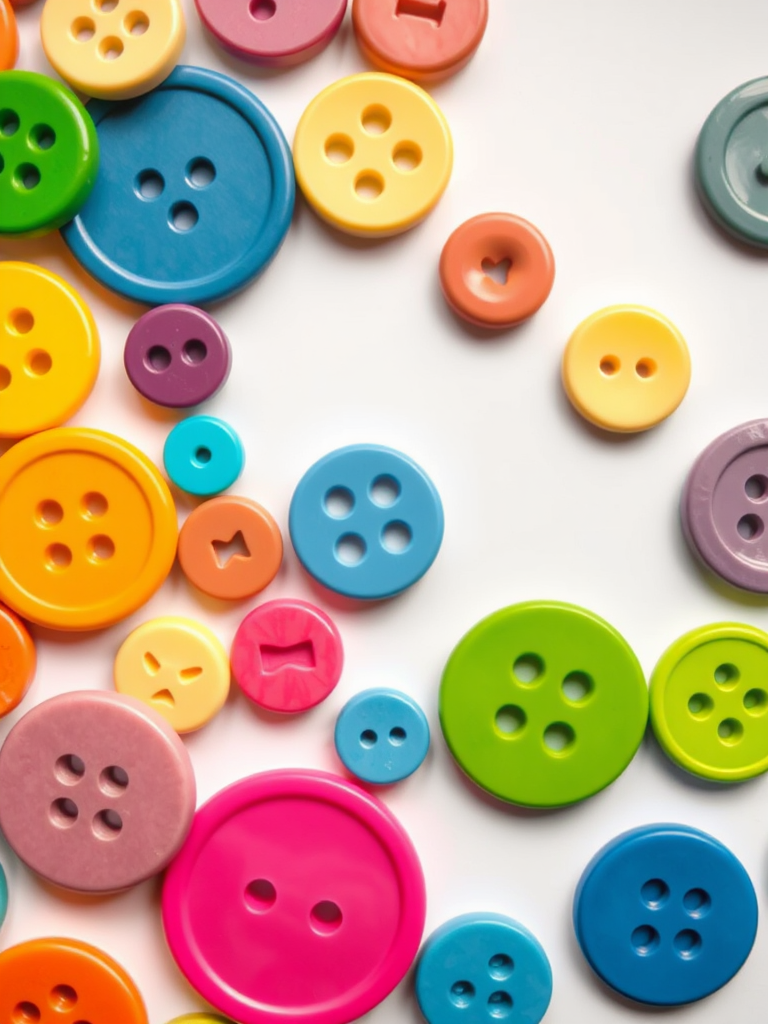 Create a high-resolution image of colorful buttons in various shapes and sizes, with a white background, using a DSLR camera with a 50mm lens, f/2.8 aperture, ISO 100, shot from a top-down view to enhance detail and clarity.