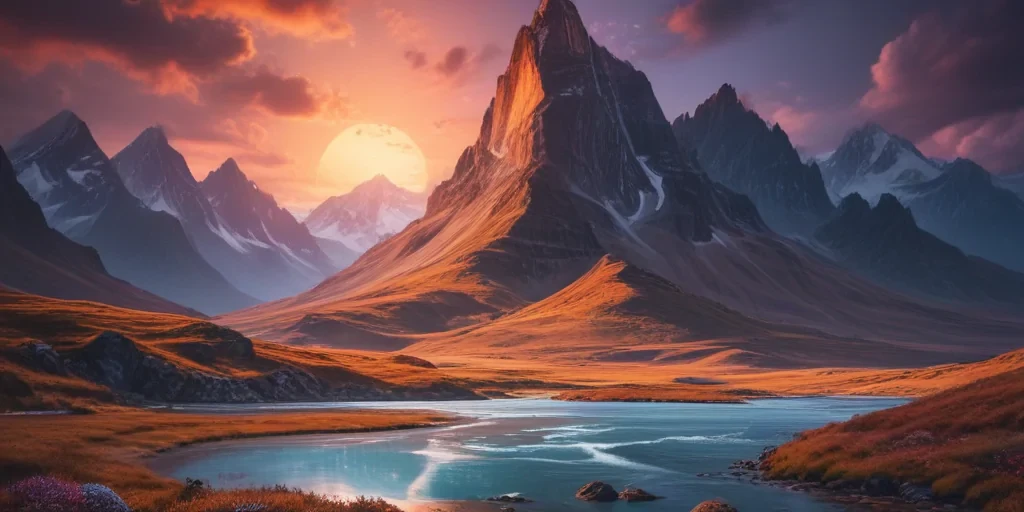 Majestic Mountain Landscape at Sunset with Reflective River and Vibrant Sky