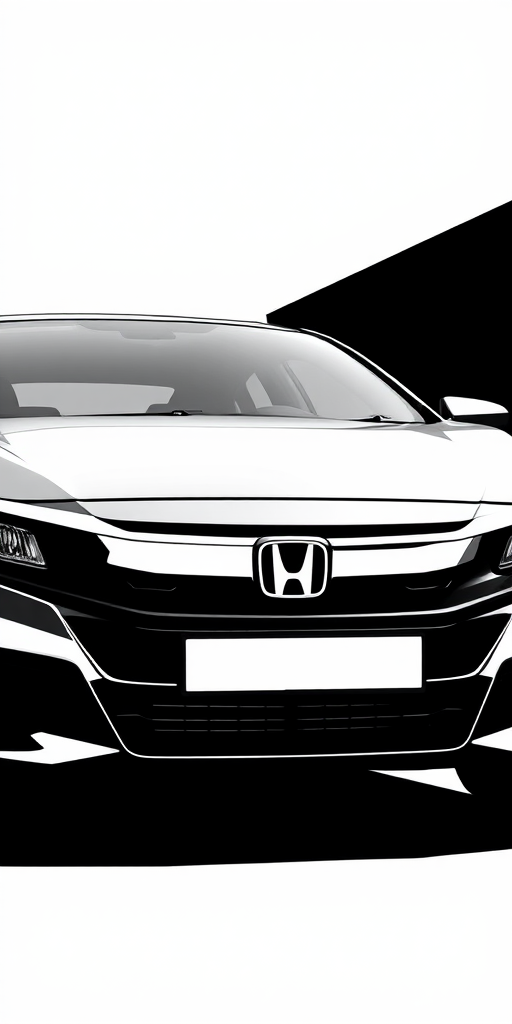 Generate a high-contrast black and white stylized illustration of a Honda car, using an aperture of f/8 for sharpness, ISO 100 for clarity, and a shutter speed of 1/200s, captured from a low angle with a slight tilt to enhance perspective, using a DSLR camera.