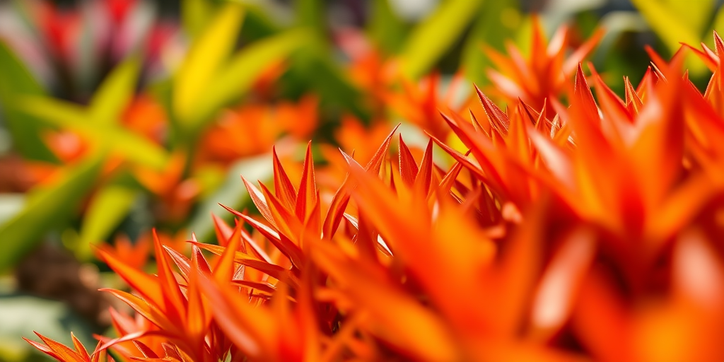 Capture a close-up of a vibrant, tropical landscape with a shallow depth of field, using a Canon EOS R5 with a 50mm f/1.2 lens, aperture set to f/2.8, ISO 200, and a focal length of 50mm, under natural lighting to enhance color saturation and detail.