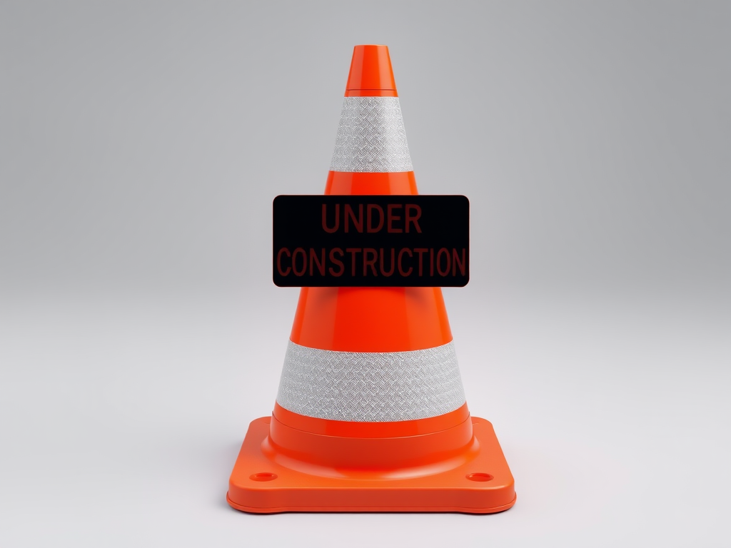 Create a high-resolution image of a bright orange traffic cone with three white stripes and a black "UNDER CONSTRUCTION" sign in bold uppercase letters, shot with a Canon EOS 5D Mark IV, 50mm lens, f/4 aperture, ISO 100, in a well-lit studio setting for optimal clarity.
