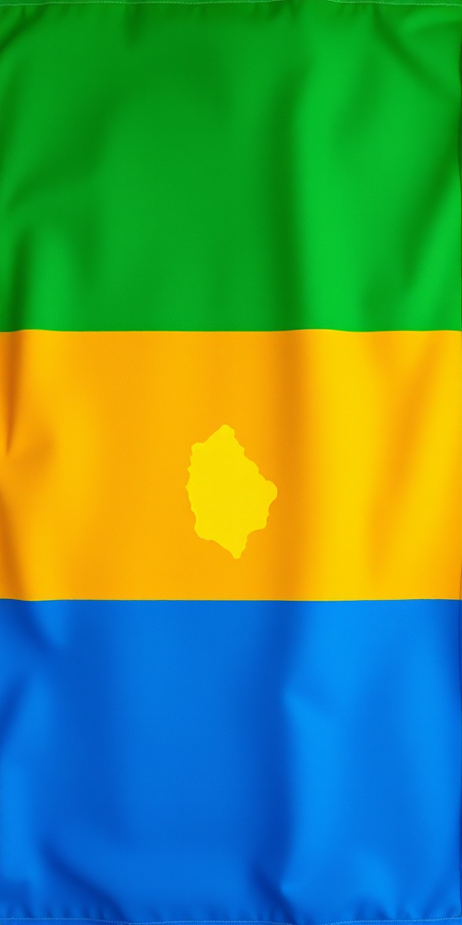 Design a vibrant flag featuring a central yellow silhouette of an island, set against horizontal stripes of green, brown, and blue, captured with a DSLR camera, aperture f/8, ISO 100, focus 50mm, top-down view, contemporary style.