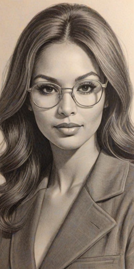 Delightful Vanessa Bryant, pencil sketch, portrait of Beauteous woman 1970s in glasses, hair style beatnik, outline, clear lines, fine lines, 8k