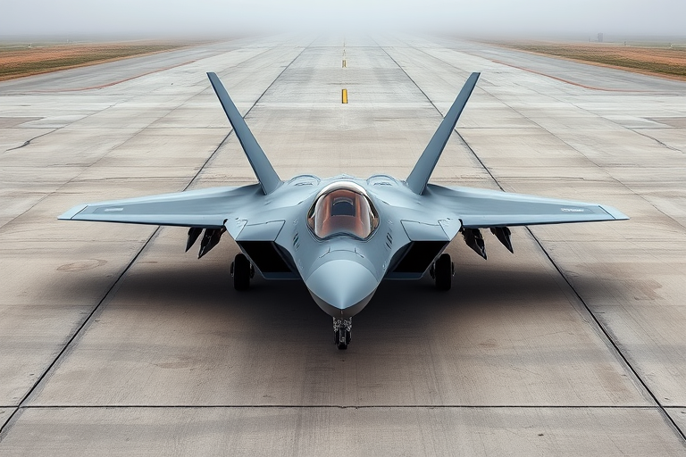a high-resolution photograph of a sleek F-22 Raptor, situated on a large, flat, gray concrete runway. The aircraft's sleek, angular design and metallic gray color dominate the image. The F-22's wings are swept back