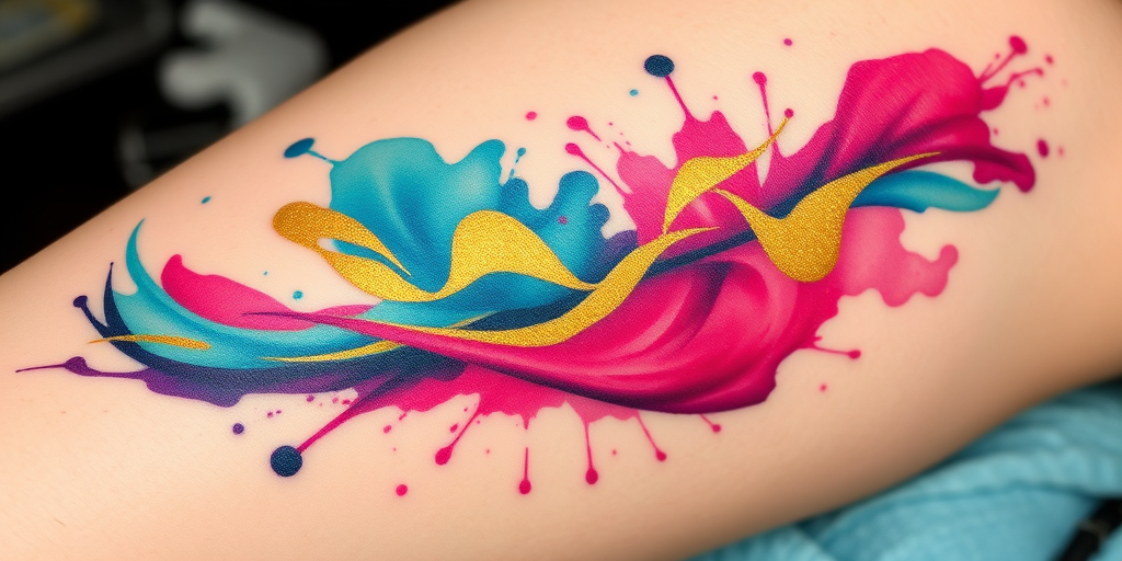 Vibrant watercolor splash tattoo named "Chromatic Symphony" featuring abstract swirls of teal, magenta, and gold intertwining gracefully across the skin creating a fluid and dynamic design that appears to dance with movement elegant brushstrokes blend seamlessly giving the illusion of paint freshly applied to canvas bursts of color radiate outward in a harmonious explosion of hues