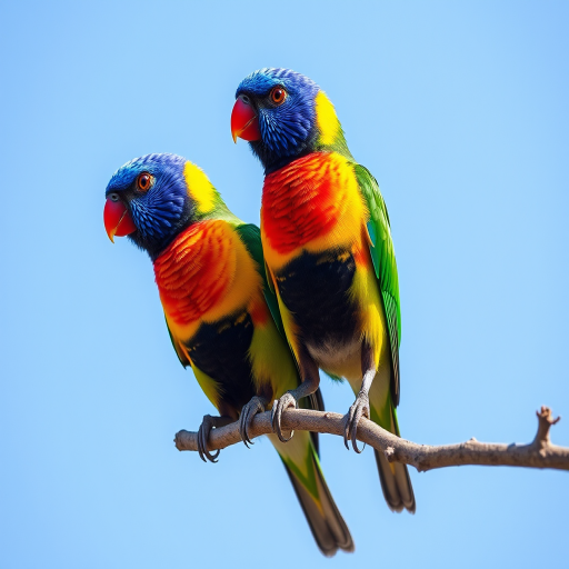 create an image of two colorful birds perched on a branch against a clear blue sky, capture in high resolution with a DSLR camera using a 70-200mm lens, aperture f/4, shutter speed 1/1000s, ISO 200, shot in natural light, focus on vibrant colors and sharp details, with a slight bokeh effect in the background