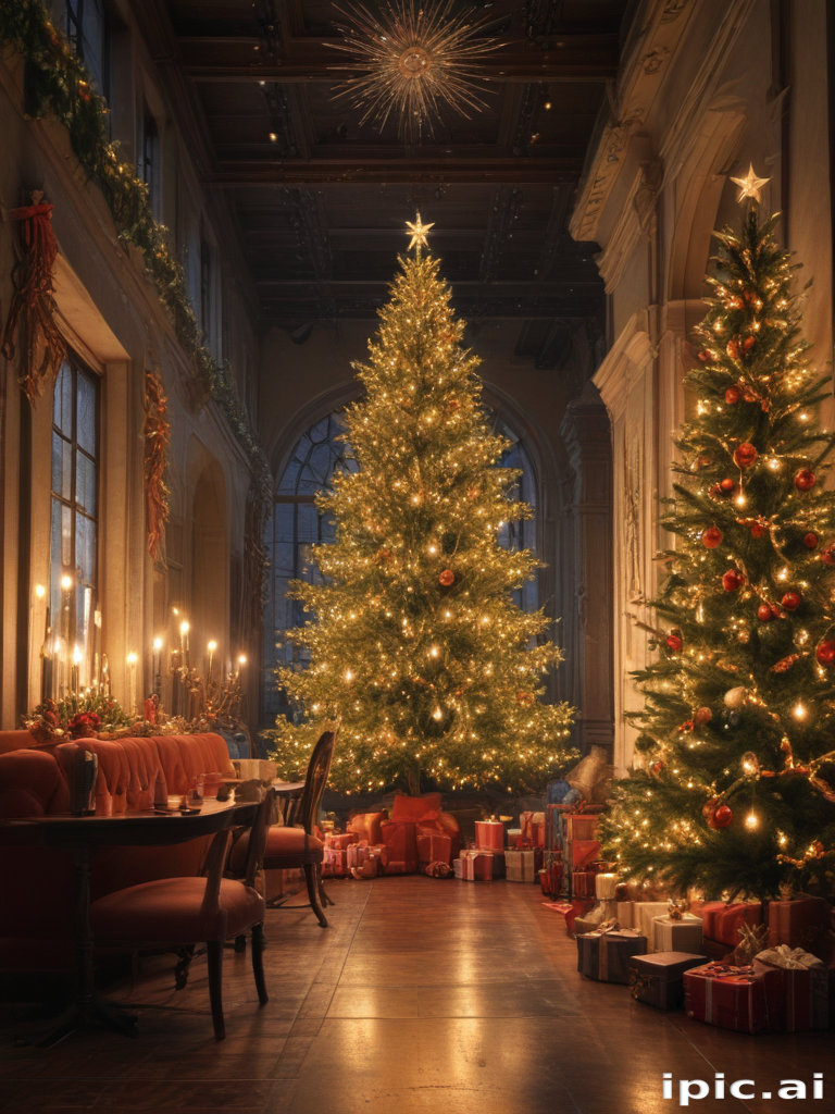 Warm and Festive Holiday Scene with Decorated Christmas Trees and Gifts