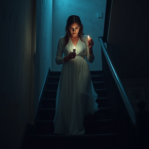 create an ethereal image of a ghostly woman in a vintage white dress holding a candle while ascending dimly lit stairs, captured with a Canon EOS R5, 50mm lens, f/1.8 aperture, ISO 200, 1/60s shutter speed, soft focus, low light ambiance, and a slightly blurred background for a mysterious effect