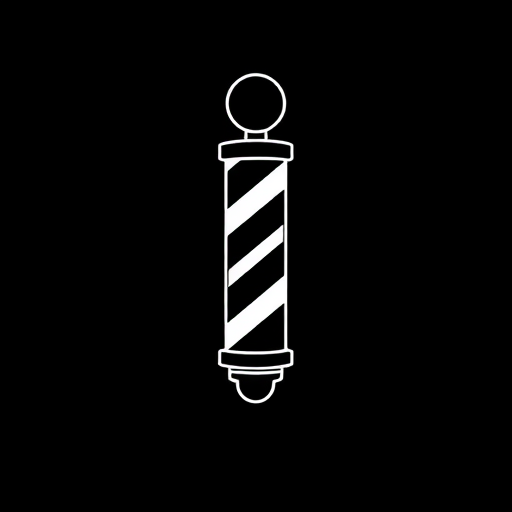 Create a minimalist design of a barber pole with a sleek white outline on a dark gradient background, shot with a DSLR camera at f/2.8 aperture, ISO 100, 50mm lens, with a soft focus effect and studio lighting for a modern aesthetic.