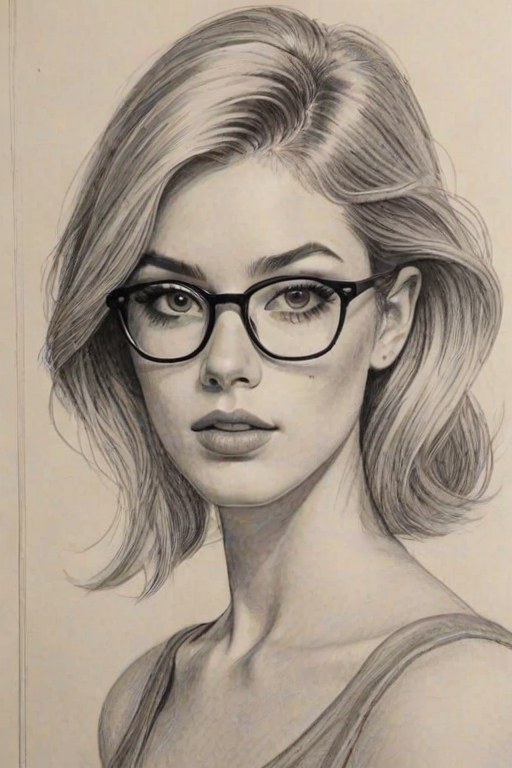 Superb Katherine McNamara, pencil sketch, portrait of Resplendent woman 1958s in glasses, hair style beatnik, outline, clear lines, fine lines, 8k