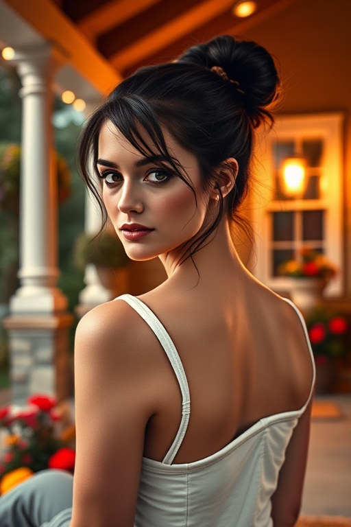 A photo of Kristen Stewart with a background of a cozy porch. She has dark hair pulled back in an updo, with tendrils framing her face. She wears a white tank top and sits on the porch. The porch is part of a well-lit home with a warm, earthy tone and colorful flowers and foliage. The overall scene has a warm, welcoming, and comfortable ambiance.