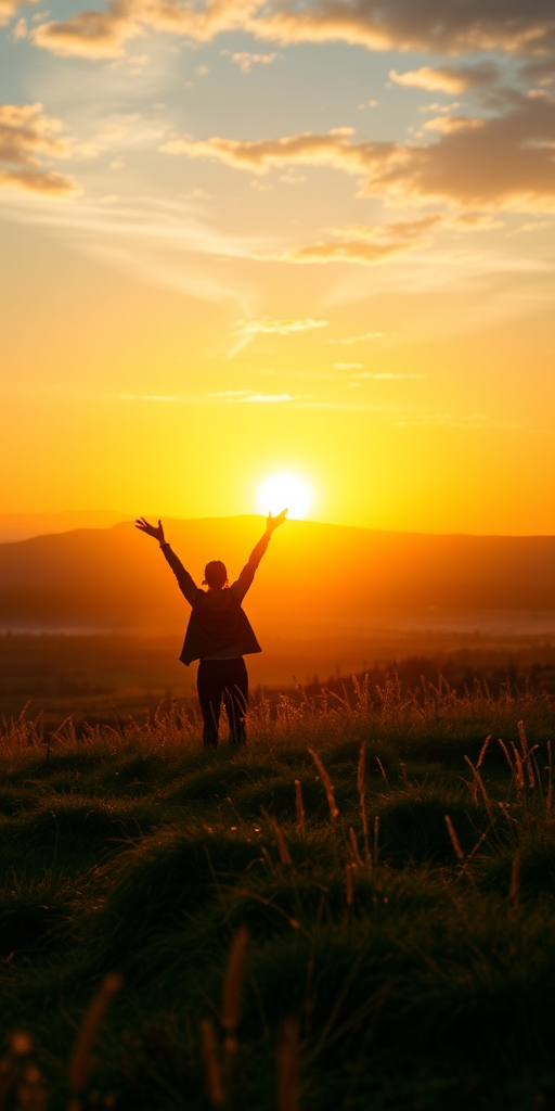 a serene landscape at sunset with a person standing with arms raised, golden light illuminating the scene, soft focus, aperture f/2.8, shutter speed 1/100s, ISO 200, taken with a full-frame DSLR camera, 50mm lens, wide-angle view, vibrant colors, dreamy atmosphere