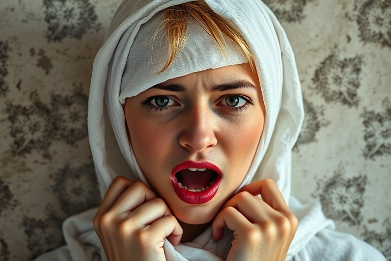Create a close-up photographic image of a Tajik woman with light skin tones shown against an old, worn wall. Their head is wrapped in a white cloth covering (i.e.... parts of the head except the nose and mouth, which are open as if they are screaming...), with a slight texture and visible folds in the fabric. Thin strands of blonde hair escape from the wrapping above, falling lightly at the top and sides. Their hands hold the fabric as if they are tugging nervously. The lighting is dramatic and even, casting strong shadows. The image has a minimalist and surreal style with an emphasis on simplicity with soft color tones. The composition is centered.