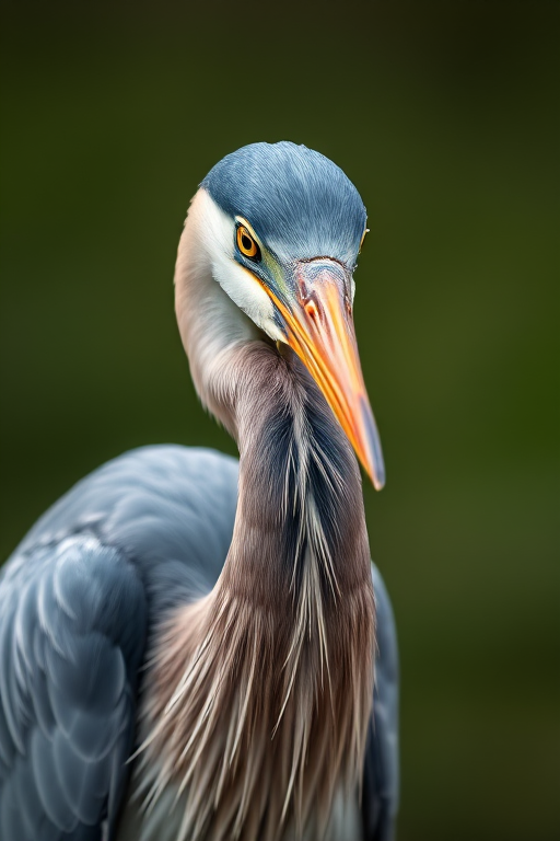 Capture a high-resolution close-up of a heron with a softly blurred background using a Canon EOS 5D Mark IV, 85mm f/1.8 lens, aperture f/2.8, ISO 200, and a shallow depth of field to enhance the details and colors of the bird.