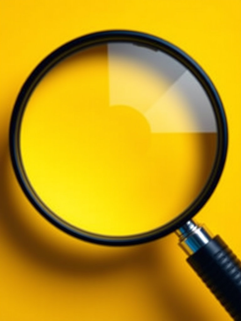 create an illustration of a magnifying glass on a bright yellow background with high contrast, use a 50mm lens at f/2.8 for shallow depth of field, shot from a top-down perspective, using a DSLR camera for optimal clarity and detail