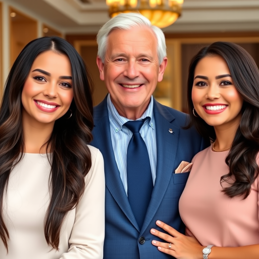 Create a heartwarming family portrait featuring two young women with long dark hair and a middle-aged man in a stylish blue suit all smiling together in an elegant indoor setting.