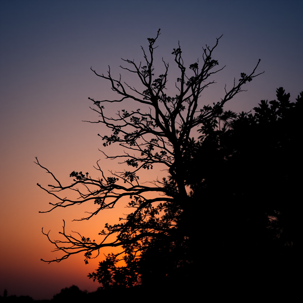 Generate an image of a silhouette of a tree against a sunset background, using a DSLR camera with a 50mm lens, f/8 aperture, ISO 100, and a shallow depth of field for enhanced clarity, shot from a low angle to emphasize the height of the tree.