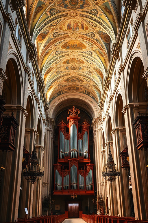 Capture a high-resolution image of a grand church interior featuring ornate frescoes and multiple pipe organs, using a Canon EOS R5 camera with a 24mm f/1.4 lens, settings at ISO 100, aperture f/8, shutter speed 1/15 sec, natural light, and a wide-angle perspective to emphasize architectural details.