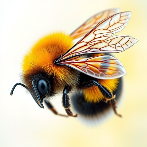 Create a highly detailed watercolor illustration of a bumblebee, showcasing intricate textures on the wings and body, with vibrant colors for the stripes, against a soft blurred background, using macro photography settings, f/2.8 aperture, 100mm lens, natural lighting, and high-resolution capture.