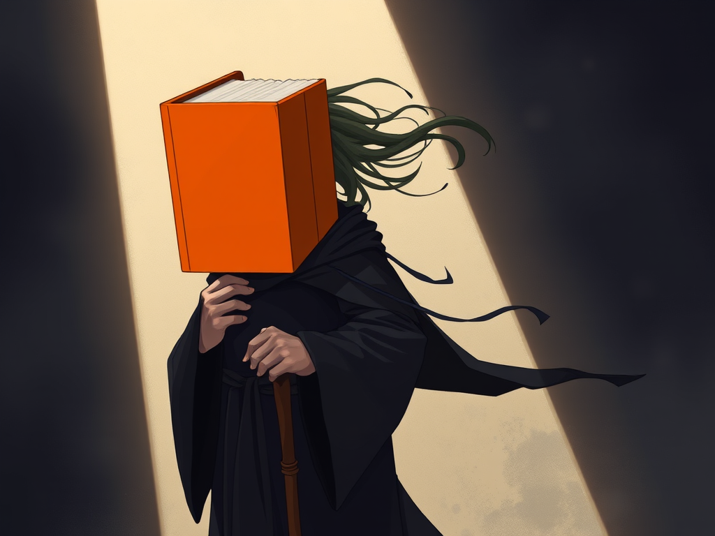 Create an illustration of a mysterious figure with an orange book for a head, wearing a dark robe and holding a cane, with flowing hair and a shadow cast on a dimly lit background, captured in high resolution, focal length 50mm, aperture f/2.8, ISO 100, with a soft focus effect to enhance depth and atmosphere.