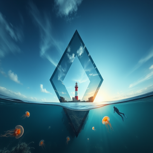 Create a surreal image of a multi-dimensional geometric shape merging with an ocean scene featuring a lighthouse, jellyfish, and a diver, captured with a Canon EOS R5 at f/8, ISO 100, 1/200s, wide-angle lens from a low angle with soft natural lighting for enhanced clarity and depth.