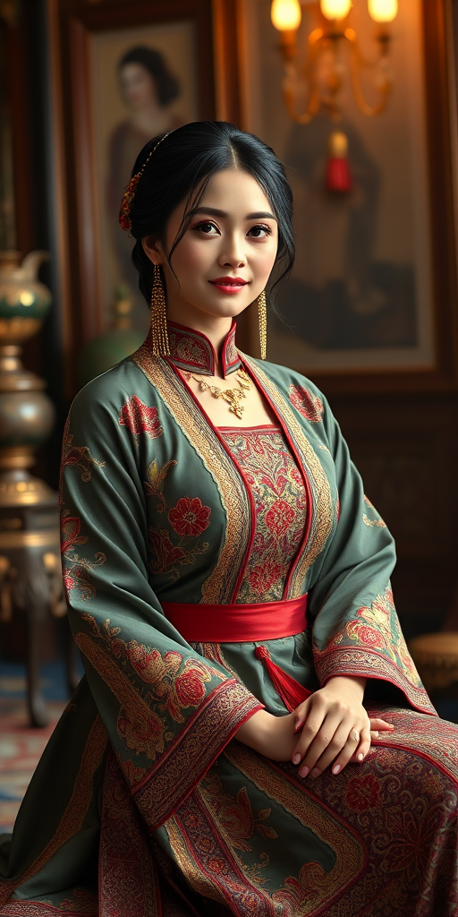 A beautiful Turkish woman in traditional East Asian attire, intricately detailed with embroidered patterns, sitting gracefully in a richly decorated room, soft ambient lighting, serene and elegant, ultra-realistic, 8K resolution