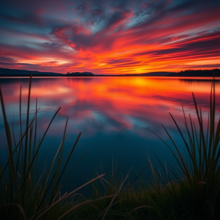 Create a serene landscape at sunset with vibrant colors reflecting on a calm lake, using a DSLR camera with an 18mm lens, f/5.6 aperture, ISO 200, and a 1/250 sec shutter speed, shot from a low angle to capture the foreground details and soften the background.