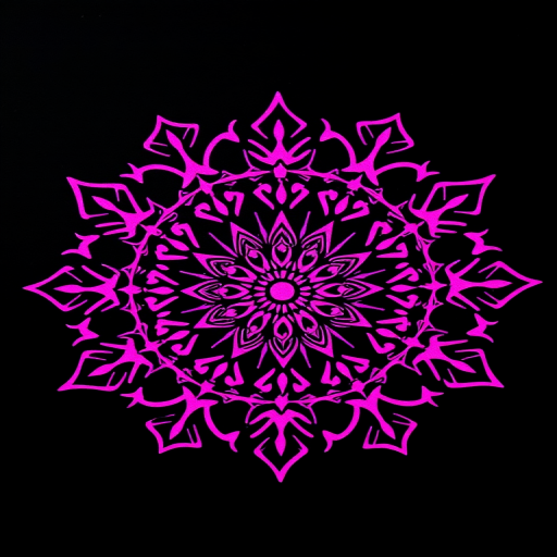 Create a highly detailed mandala design with intricate pink patterning on a black background, using a macro lens at f/2.8 aperture, ISO 100, and a 50mm lens to enhance sharpness and color vibrancy.