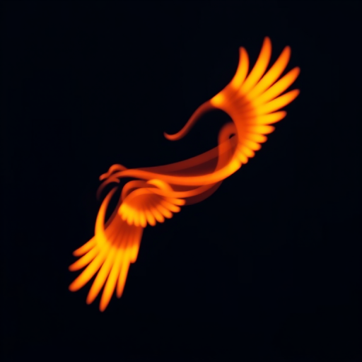 Create a high-resolution image of a glowing bird silhouette against a dark background, featuring vibrant orange and yellow swirling lights, shot with a DSLR camera at f/2.8, ISO 100, 1/60 sec, using a 50mm lens, and a soft focus effect for an ethereal look.