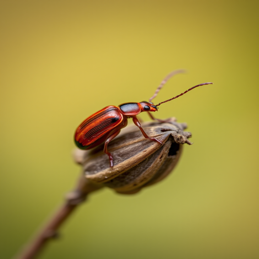 macro shot of a red beetle on a dried seed pod with soft blurred background f/2.8 aperture, ISO 100, 1/200s shutter speed, 100mm macro lens, natural light