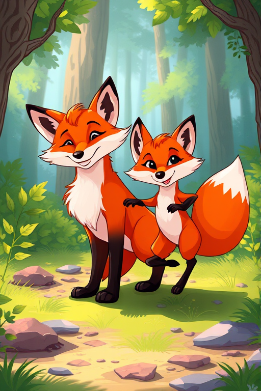 Create a vibrant illustration of two cartoon foxes, one standing proudly and the other playfully leaping, in a bright forest setting with lush greenery, using a digital art style; settings: ISO 100, f/5.6, 1/200s; perspective: eye level; camera type: digital drawing tablet.
