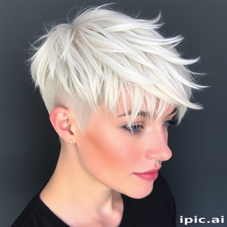 Striking platinum blonde pixie cut named "Frost Whisper" with textured layers, icy white highlights throughout, asymmetrical bangs swept to one side, short tapered nape, choppy crown for added dimension, edgy yet sophisticated appearance