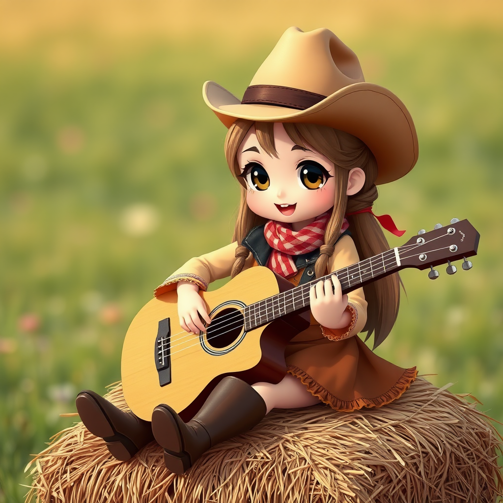 A chibi angelina jolie, dressed as a cowboy, playing guitar, sitting on a hay bale