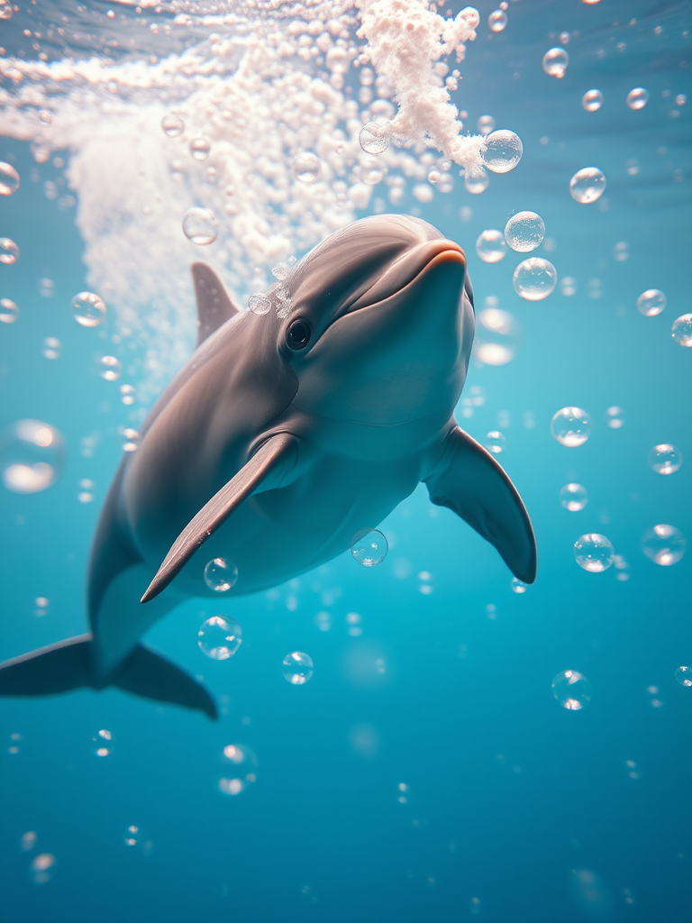 A hyper-realistic dolphin swimming gracefully through bubbles, captured in vibrant colors, 50mm lens, f/2.8 aperture, ISO 200, 1/200 sec shutter speed, underwater perspective, soft focus background, high dynamic range.