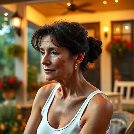 A photo of Glenn Close with a background of a cozy porch. She has dark hair pulled back in an updo, with tendrils framing her face. She wears a white tank top and sits on the porch. The porch is part of a well-lit home with a warm, earthy tone and colorful flowers and foliage. The overall scene has a warm, welcoming, and comfortable ambiance.