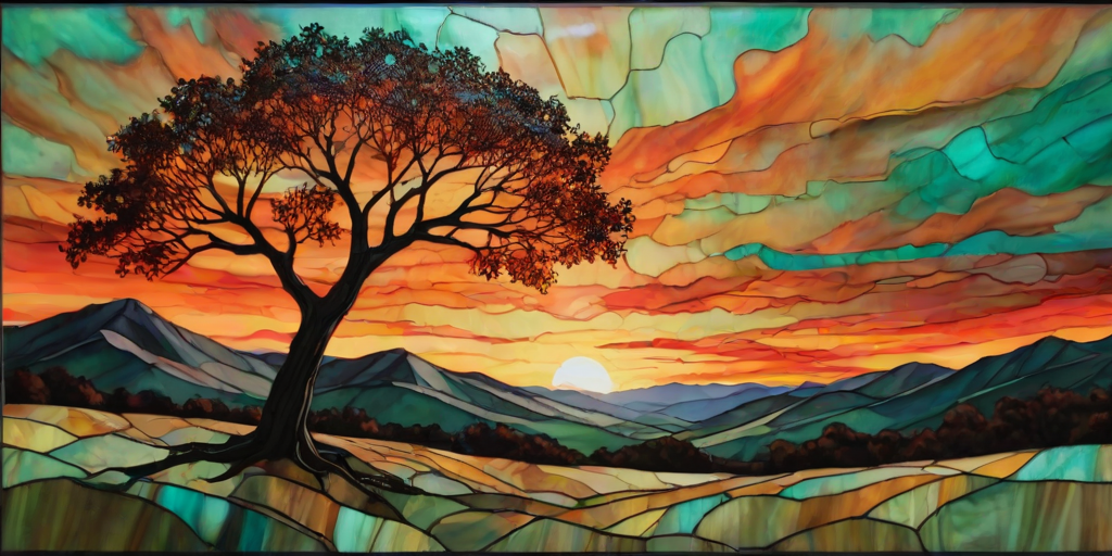 A vibrant abstract painting on Tiffany Glass, blending acrylic and alcohol ink techniques, captures a dramatic sunset over rolling hills. The artwork features a textured, rocky foreground in green and brown, layered abstract hills, and a striking sunset in rich oranges, yellows, and reds. A solitary black tree with intricate branches contrasts against the fiery sky, creating a dynamic and expressive portrayal of a breathtaking natural scene.