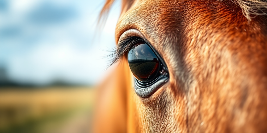 Close-up of a horse's eye with soft focus background, aperture f/2.8, shutter speed 1/500s, ISO 200, viewed through a 100mm macro lens, natural light photography, DSLR camera.