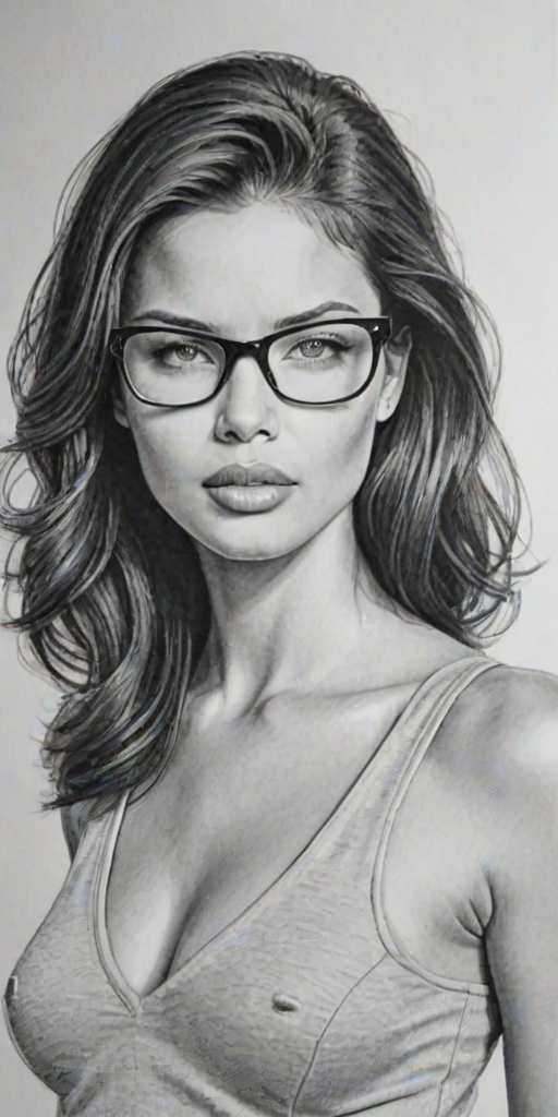 Dazzling Adriana Lima, pencil sketch, portrait of Exquisite woman 1959s in glasses, hair style beatnik, outline, clear lines, fine lines, 8k
