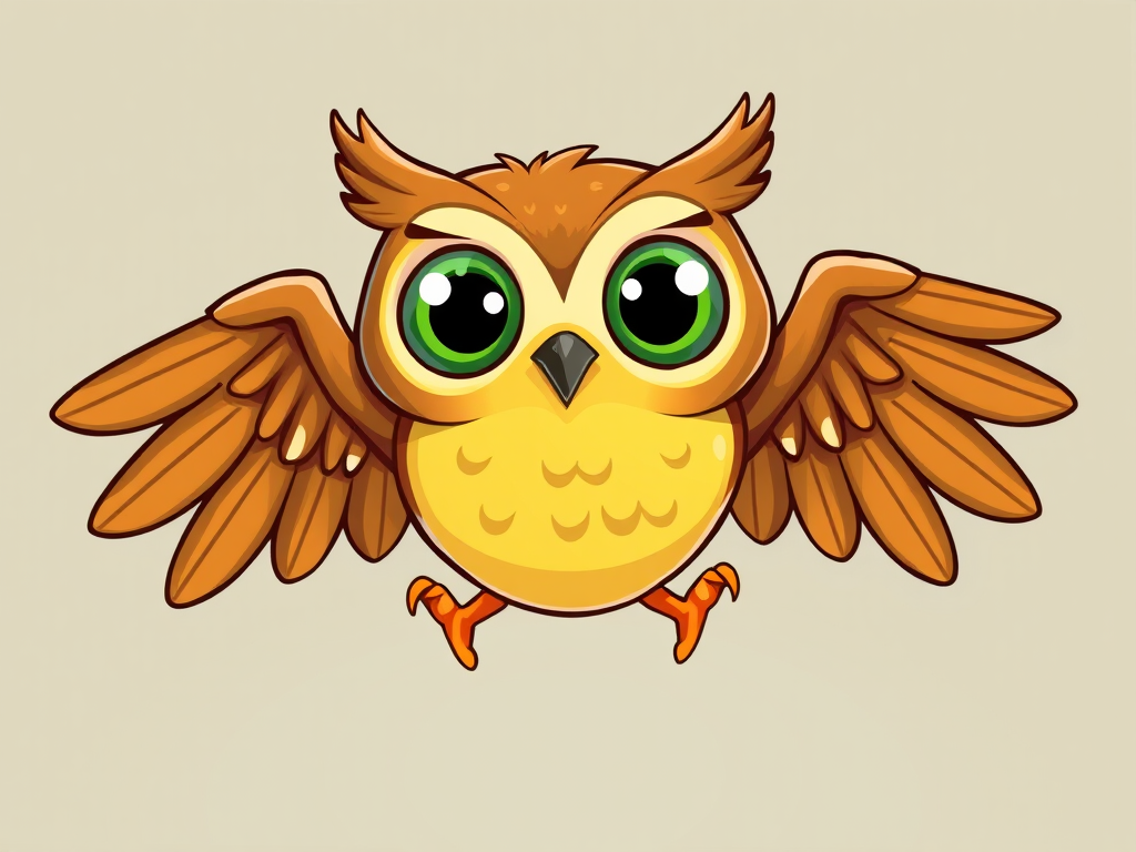 Create a vibrant cartoon-style illustration of a cheerful owl with large green eyes and a yellow belly, featuring dynamic wings in mid-flap, set against a simple, contrasting background; use a DSLR camera with a 50mm lens, f/2.8 aperture, and a slightly blurred background to enhance the subject's clarity and color saturation.