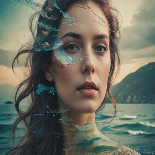 this picture is Book cover, A surreal double exposure portrait that blends a woman's face with a beautiful seascape. The overall mood is dreamy and mystical, with rich colors and intricate details