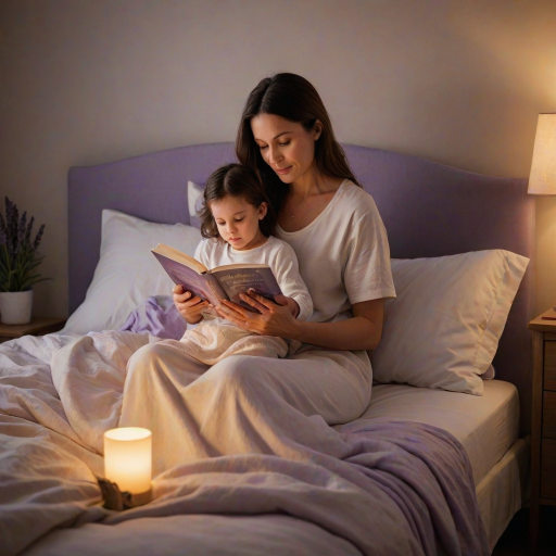 Warm, intimate image of a mother reading a bedtime story to her child, soft glow from a bedside lamp casting warm shadows, the smell of lavender and clean linens in the room.