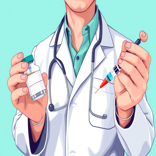 Create a vector illustration of a doctor in a lab coat holding a vaccine vial and a syringe against a turquoise background, using a digital art style with high resolution, 300 DPI, and a soft focus effect to enhance image quality.